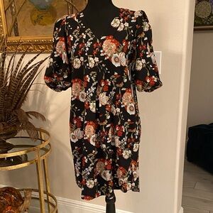 Cynthia Rowley Black Floral swing trapeze dress puff sleeve size large